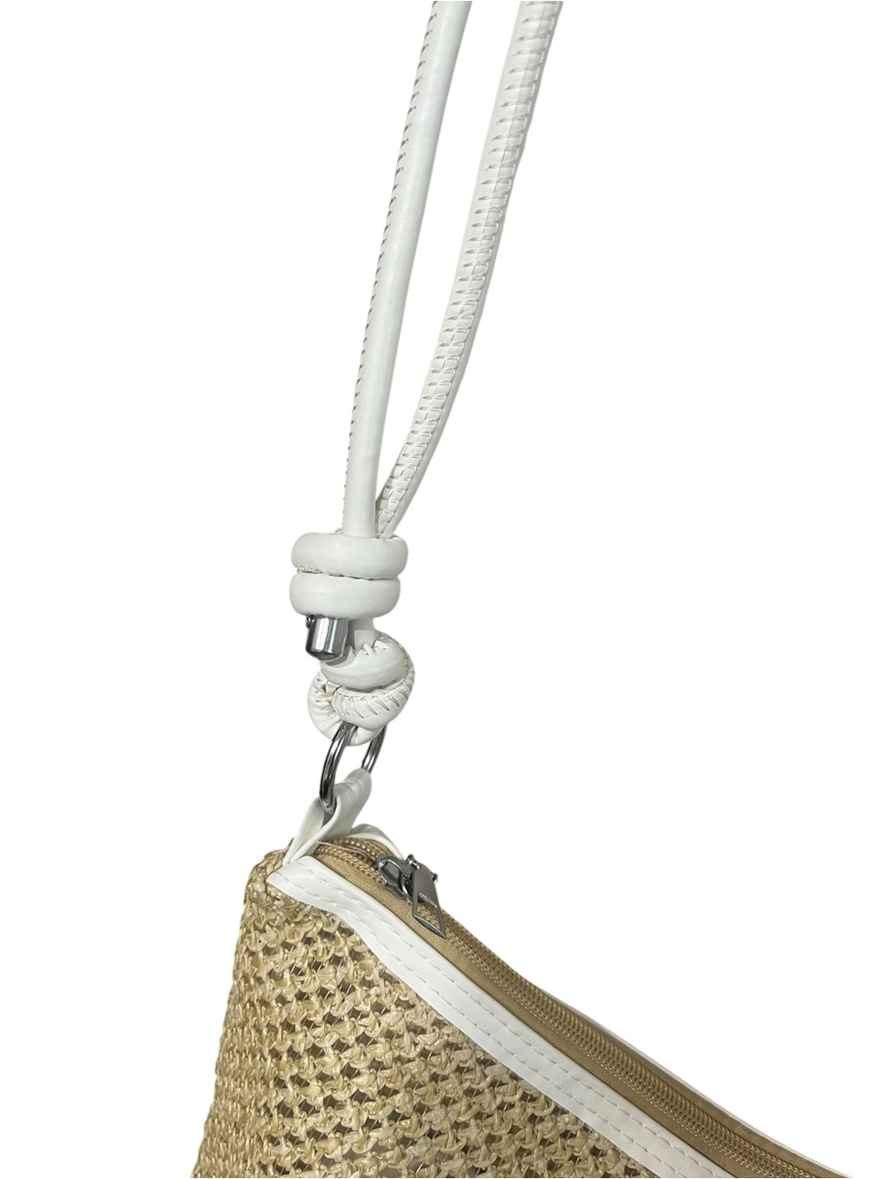 Woven Hand Bag w/Faux White Leather Straps - Picture 5 of 10
